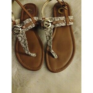 GUESS Women’s Size 9M Brown Gold G Logo Sandals Slingback Thong Style
